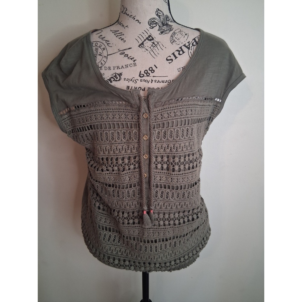 Lois Olive Green Crochet Lace Tassel Boho Cap Sleeve Blouse Top Smocked Hem